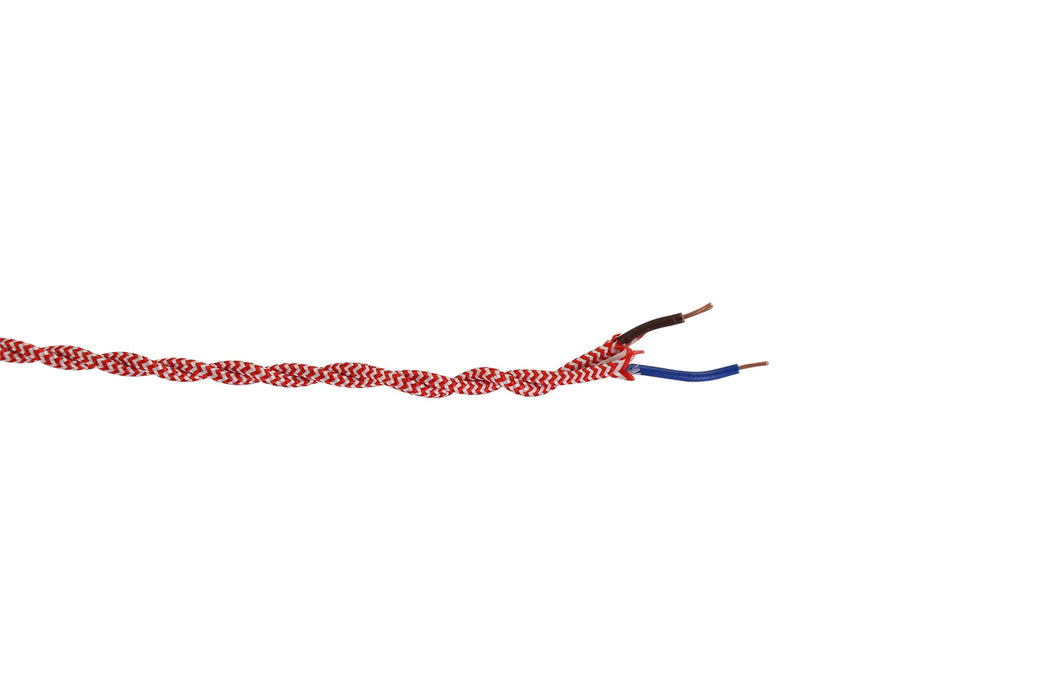 Deco Cavo 1m Red & White Wave Stripe Braided Twisted 2 Core 0.75mm Cable VDE Approved (qty ordered will be supplied as one continuous length) • D0543