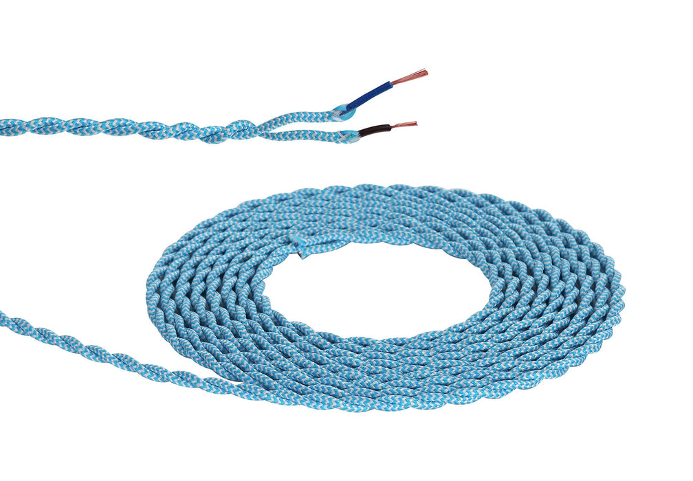 Deco Cavo 1m Blue & White Wave Stripe Braided Twisted 2 Core 0.75mm Cable VDE Approved (qty ordered will be supplied as one continuous length) • D0545