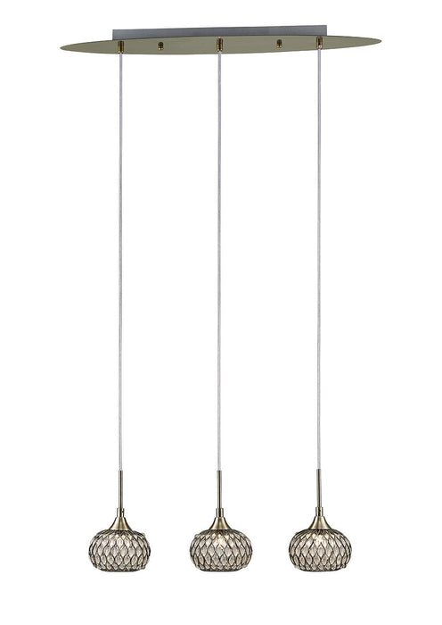 Diyas  Chelsie Linear Pendant 3 Light G9 Line Antique Brass/Clear Beaded Glass • IL31514
