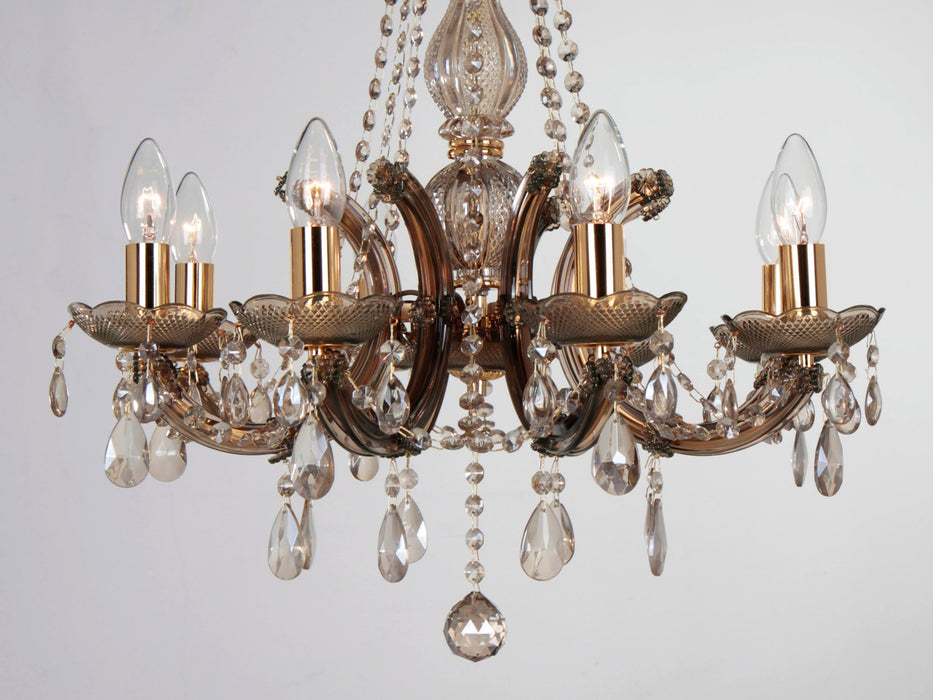 Deco Gabrielle Chandelier With Acrylic Sconce & Glass Droplets 8 Light E14 Mink Finish • D0023