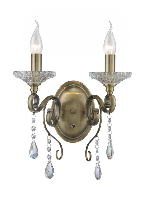 Diyas Libra Wall Lamp Switched 2 Light E14 Antique Brass/Crystal • IL32072