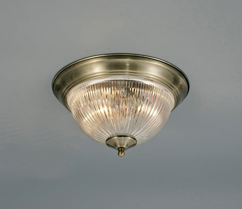 Deco Macy IP44 2 Light E14 Flush Ceiling Light, Antique Brass With Clear Ribbed Glass • D0405