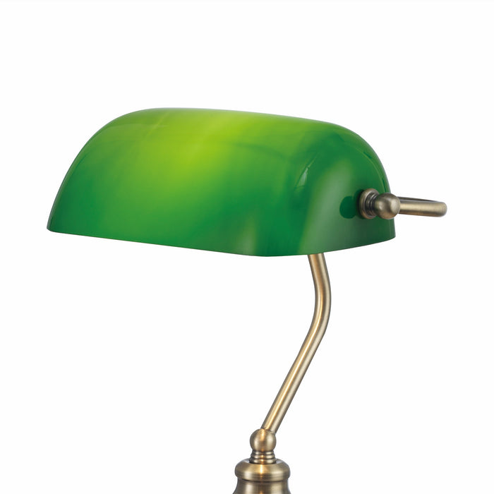 Deco Morgan Bankers Table Lamp 1 Light E27 Antique Brass/Green Glass • D0085