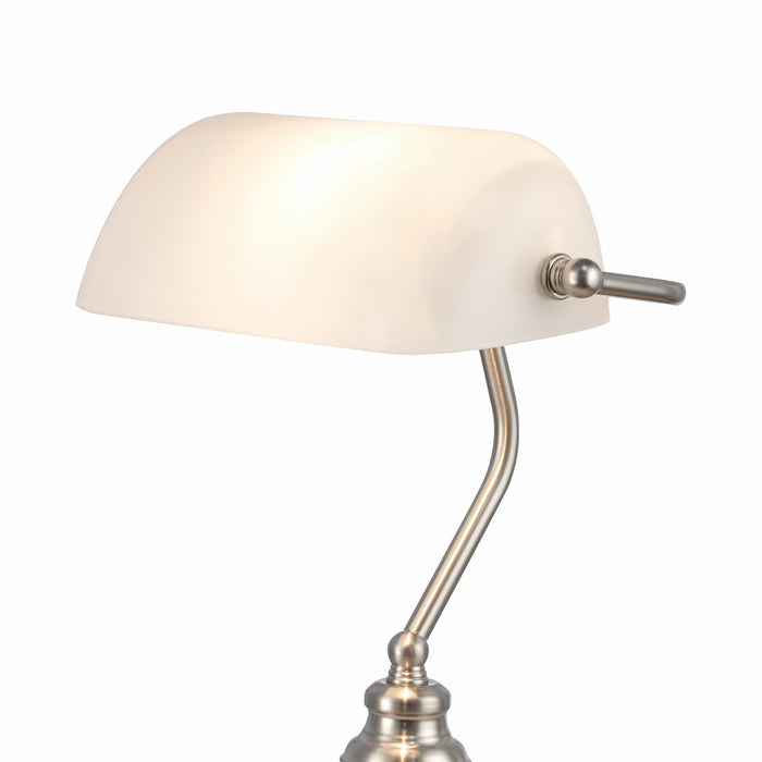 Deco Morgan Bankers Table Lamp 1 Light E27 Satin Nickel/White Glass • D0086