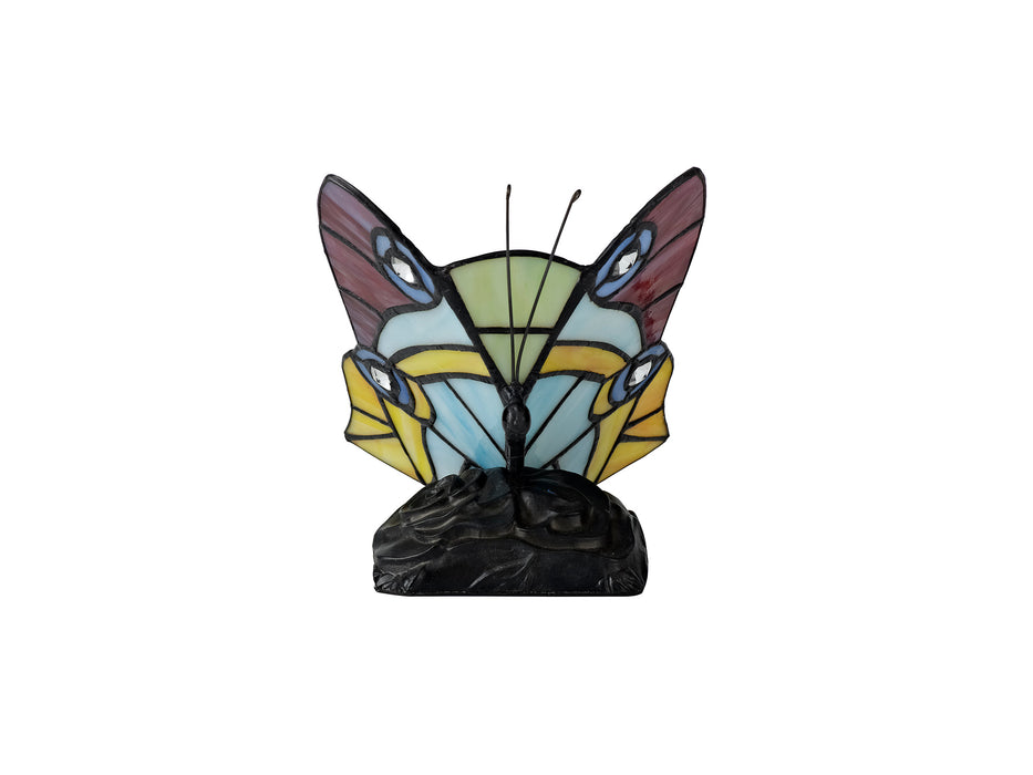 Regal Lighting SL-1998 1 Light Butterfly Tiffany Table Lamp Red, Yellow And Blue With Clear Crystal Shade