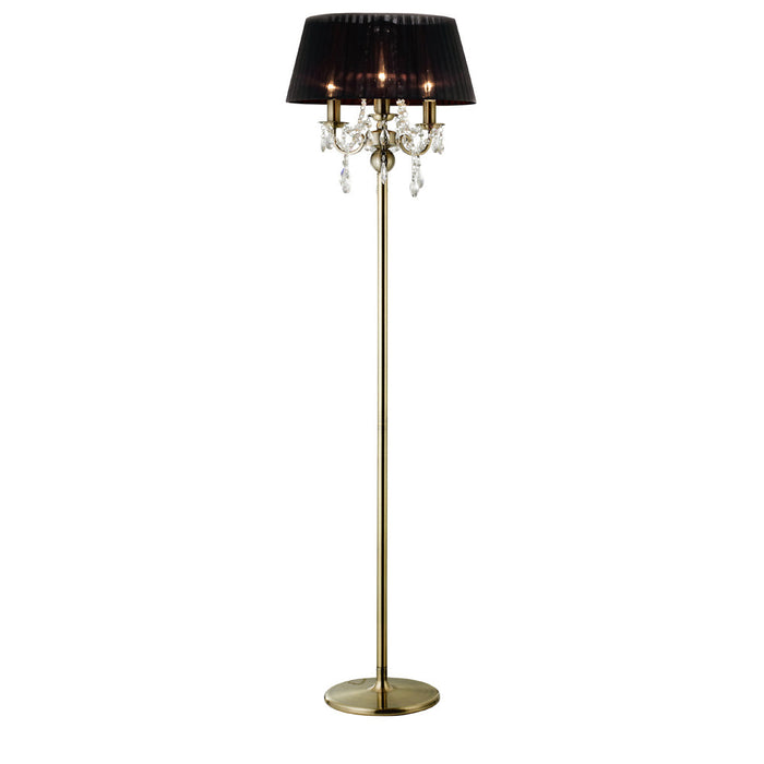 Diyas Olivia Floor Lamp With Black Shade 3 Light E14 Antique Brass/Crystal • IL30066/BL