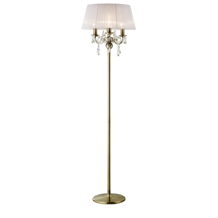 Diyas Olivia Floor Lamp With White Shade 3 Light E14 Antique Brass/Crystal • IL30066/WH
