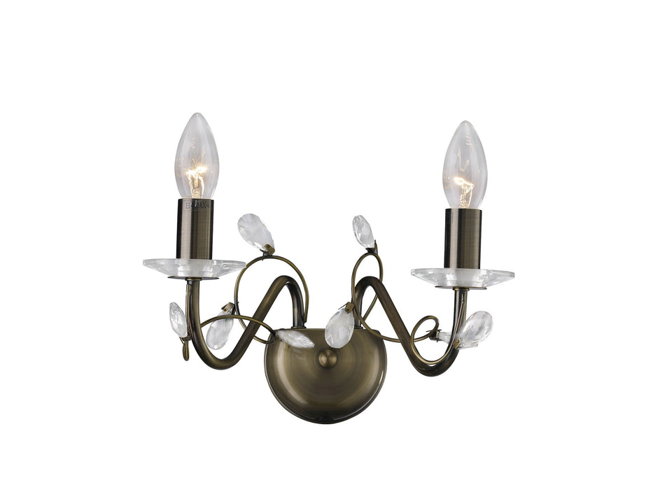 Diyas Willow Wall Lamp WITHOUT SHADE 2 Light E14 Antique Brass/Crystal • IL31222