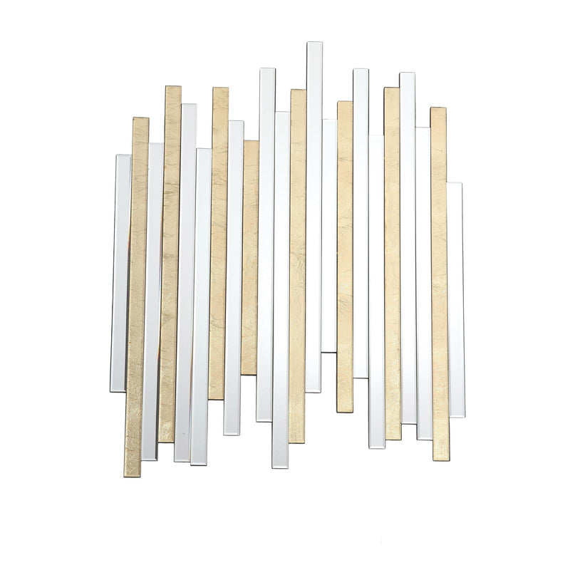Decorative wall art with vertical wooden and metallic sticks on a white background