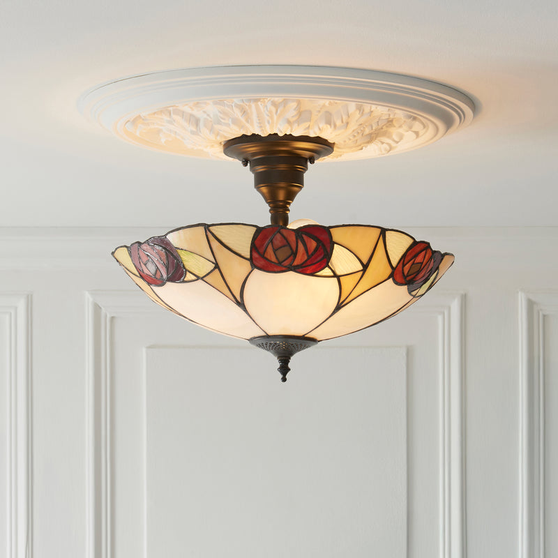 Interiors 1900 111907 Ingram Large 3 Light Tiffany Semi Flush Ceiling Light