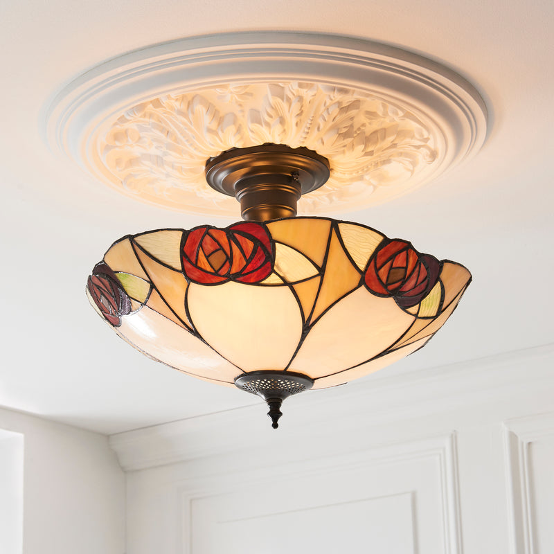 Interiors 1900 111907 Ingram Large 3 Light Tiffany Semi Flush Ceiling Light