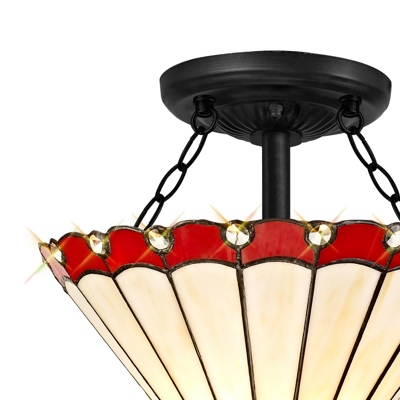 Regal Lighting SL-1197/1 2 Light Semi Flush E27 With 30cm Tiffany Shade, Red/Cream/Crystal/Black