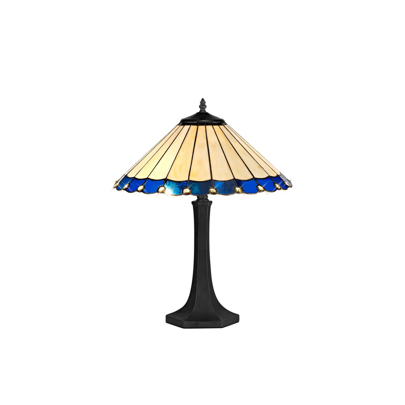 Regal Lighting SL-1169/1 2 Light Octagonal Table Lamp E27 With 40cm Tiffany Shade, Blue/Cream/Crystal/Black