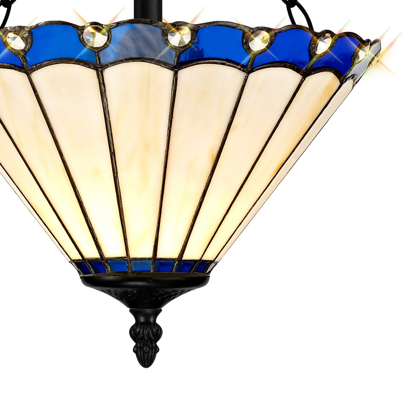 Regal Lighting SL-1174/1 3 Light Semi Flush E27 With 30cm Tiffany Shade, Blue/Cream/Crystal/Black