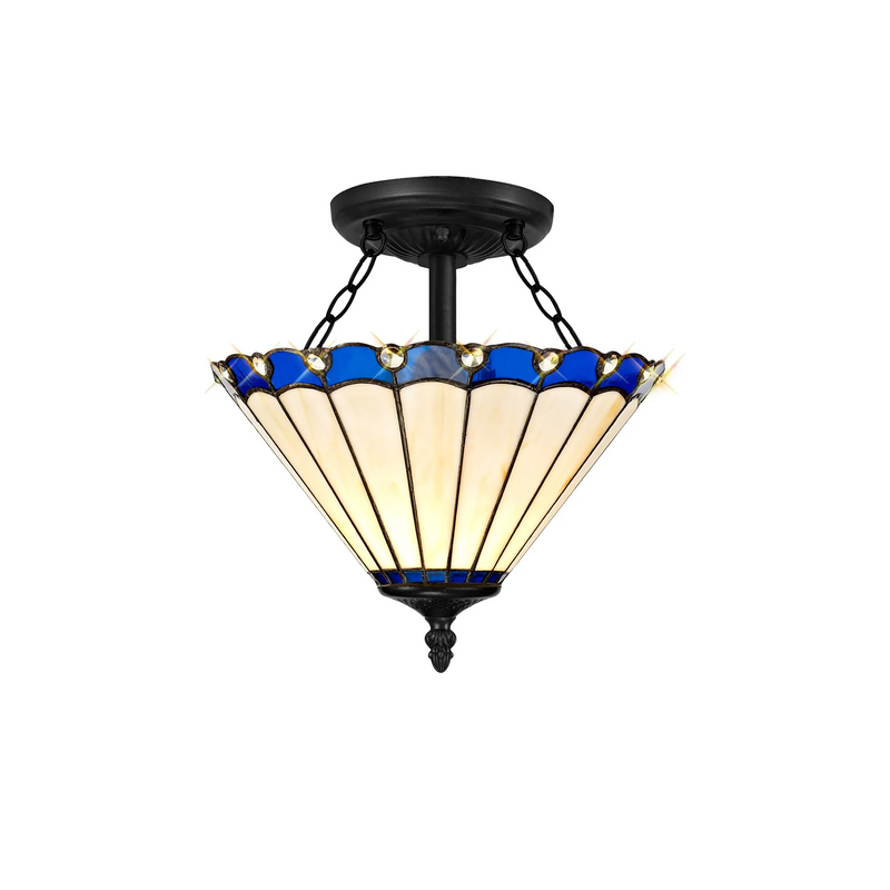 Regal Lighting SL-1175/1 2 Light Semi Flush E27 With 30cm Tiffany Shade, Blue/Cream/Crystal/Black