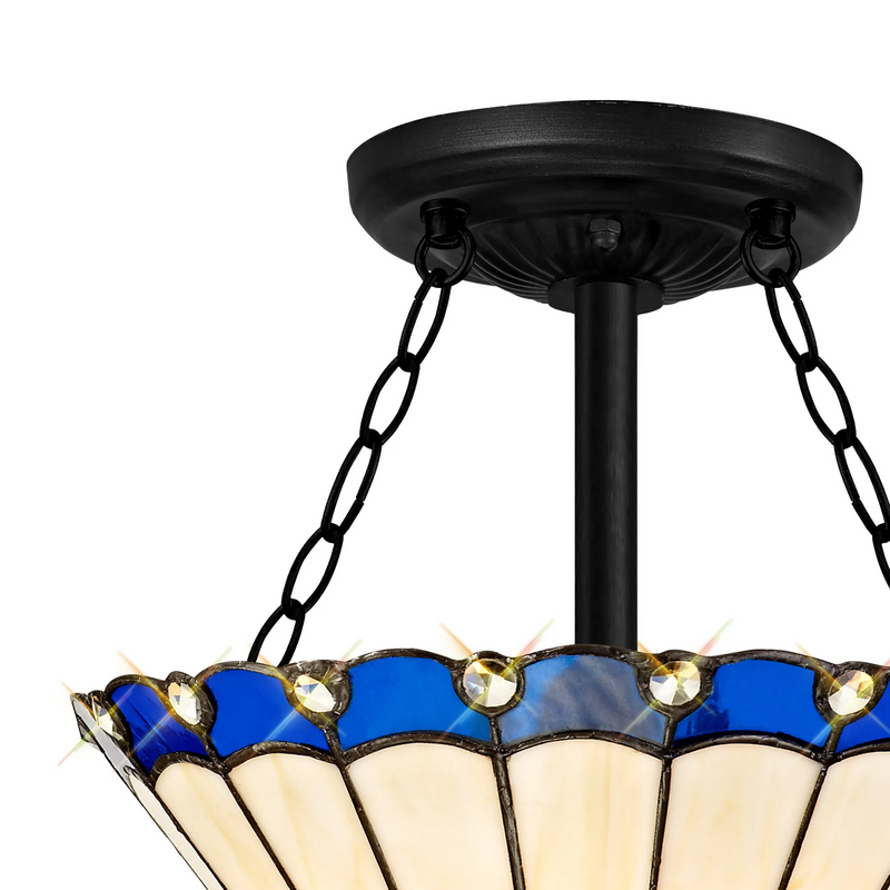 Regal Lighting SL-1174/1 3 Light Semi Flush E27 With 30cm Tiffany Shade, Blue/Cream/Crystal/Black
