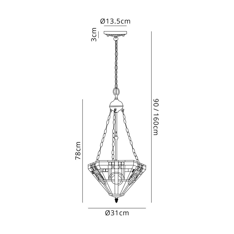 Regal Lighting SL-1462/BL 3 Light Uplighter Pendant E27 With 30cm Tiffany Shade, White/Grey/Black/Clear Crystal/Black