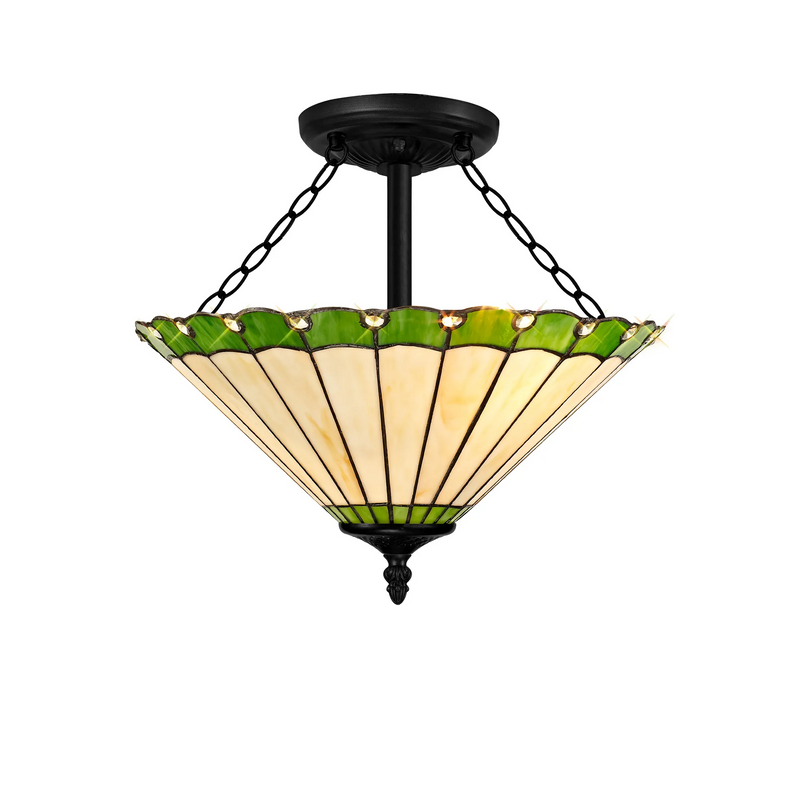 Regal Lighting SL-1231/1 40.5cm 3 Light Semi Flush E27 With 40cm Tiffany Shade, Green/Cream/Crystal/Black