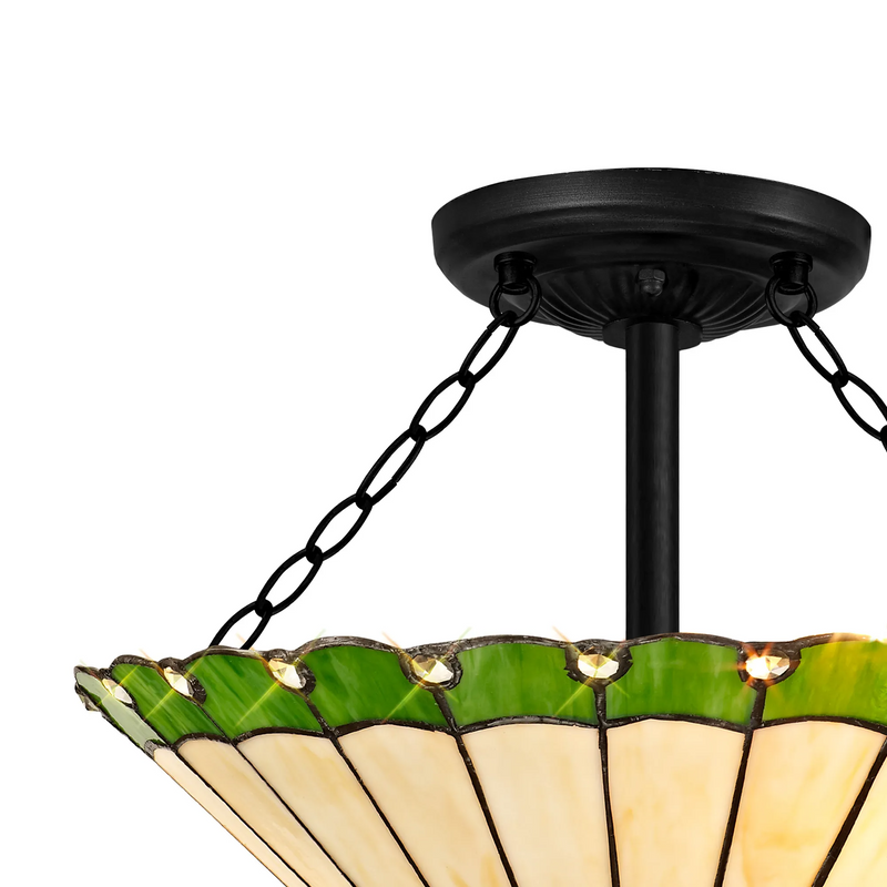 Regal Lighting SL-1231/1 40.5cm 3 Light Semi Flush E27 With 40cm Tiffany Shade, Green/Cream/Crystal/Black