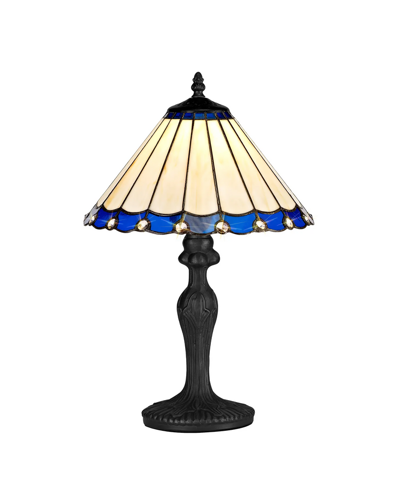 Regal Lighting SL-1180/1 1 Light Curved Table Lamp E27 With 30cm Tiffany Shade, Blue/Cream/Crystal/Black