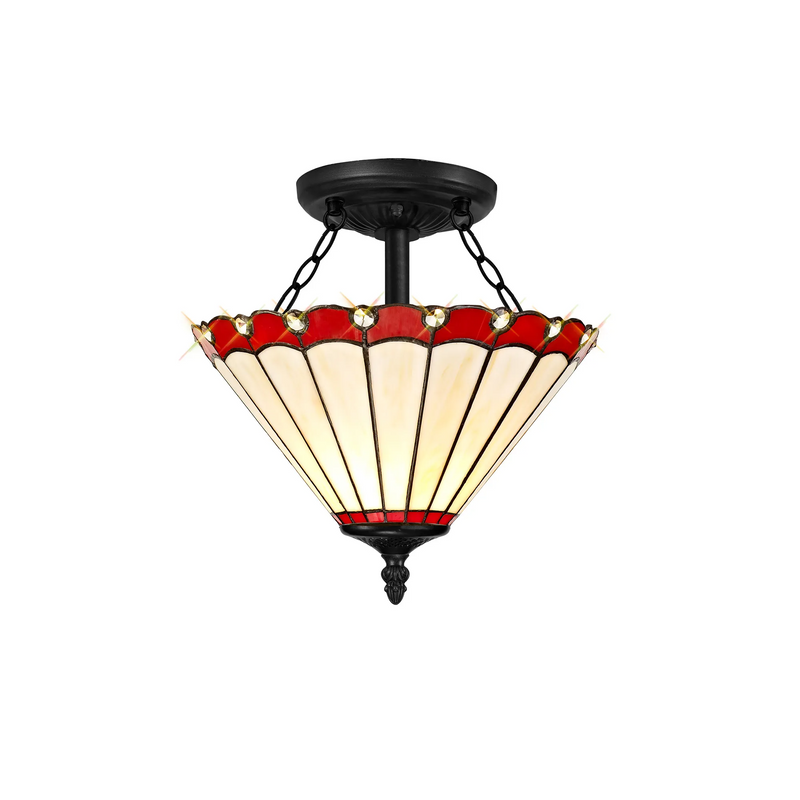 Regal Lighting SL-1197/1 2 Light Semi Flush E27 With 30cm Tiffany Shade, Red/Cream/Crystal/Black