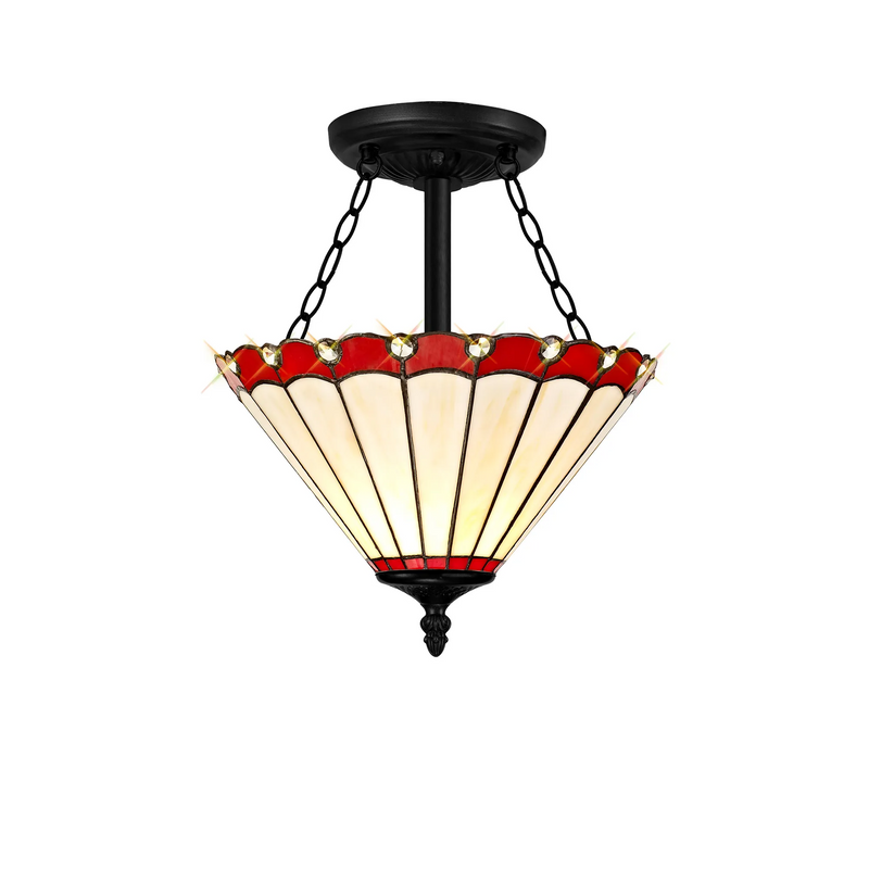 Regal Lighting SL-1196/1 3 Light Semi Flush E27 With 30cm Tiffany Shade, Red/Cream/Crystal/Black