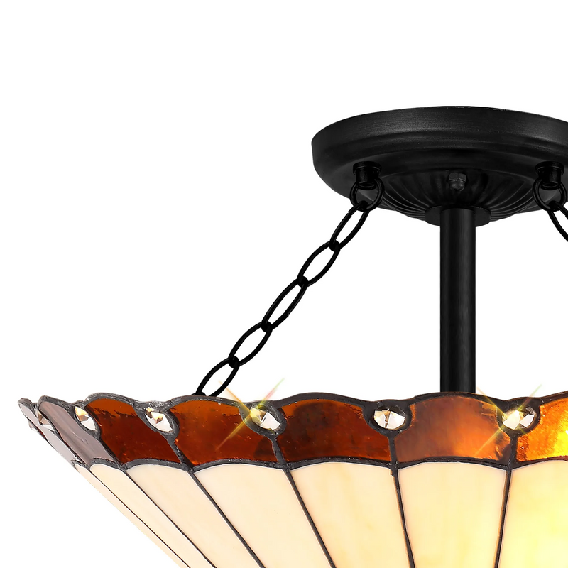 Regal Lighting SL-1209/1 40.5cm 3 Light Semi Flush E27 With 40cm Tiffany Shade, Amber/Cream/Crystal/Black