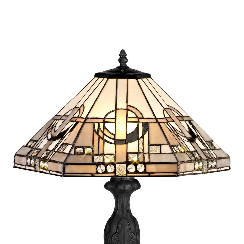 Regal Lighting SL-1460/BL 2 Light Curved Table Lamp E27 With 40cm Tiffany Shade, White/Grey/Black/Clear Crystal/Black
