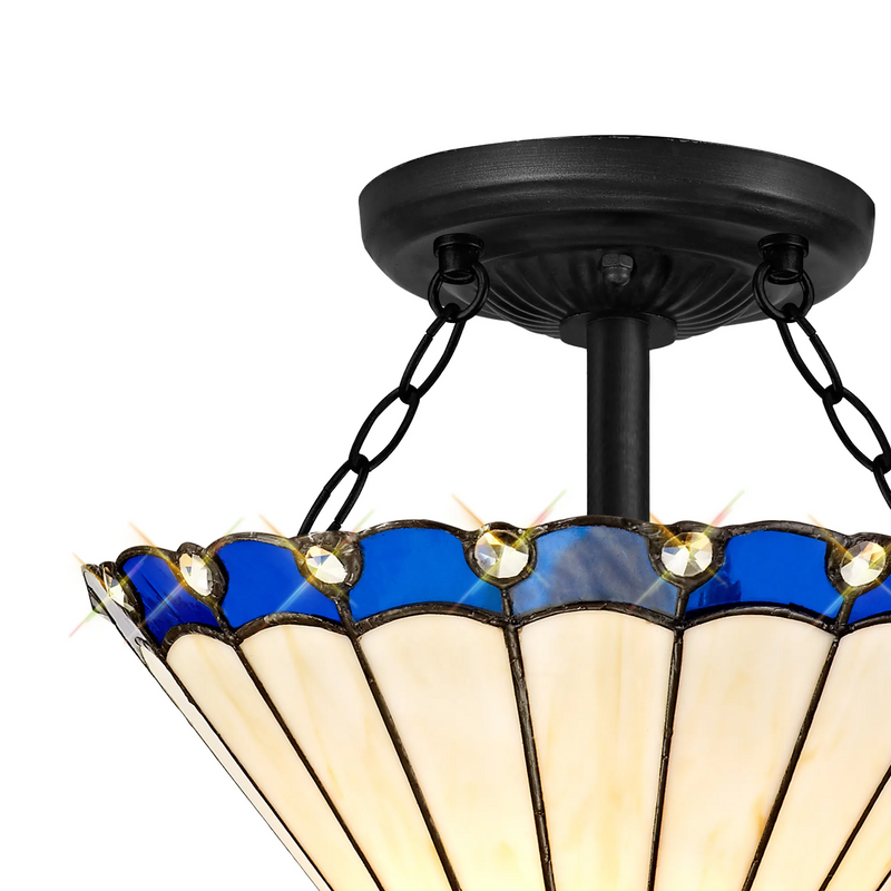 Regal Lighting SL-1175/1 2 Light Semi Flush E27 With 30cm Tiffany Shade, Blue/Cream/Crystal/Black