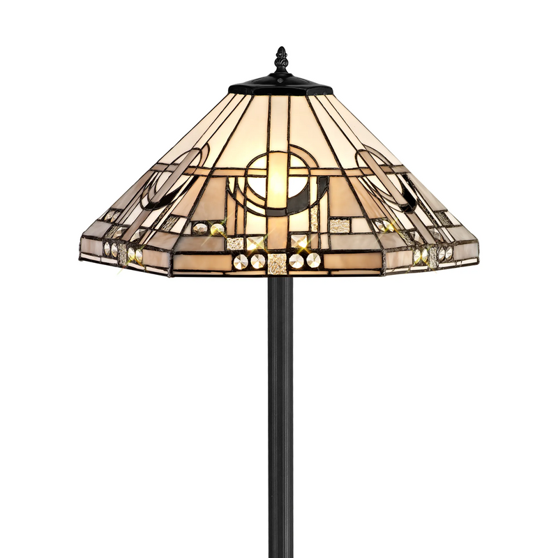 Regal Lighting SL-1452/BL 2 Light Leaf Design Floor Lamp E27 With 40cm Tiffany Shade, White/Grey/Black/Clear Crystal/Black