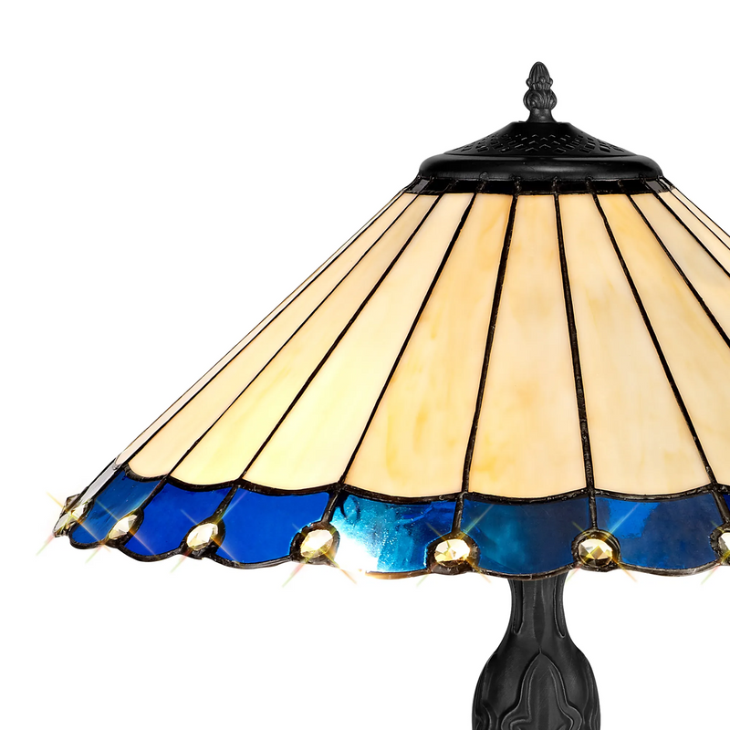 Regal Lighting SL-1170/1 2 Light Curved Table Lamp E27 With 40cm Tiffany Shade, Blue/Cream/Crystal/Black