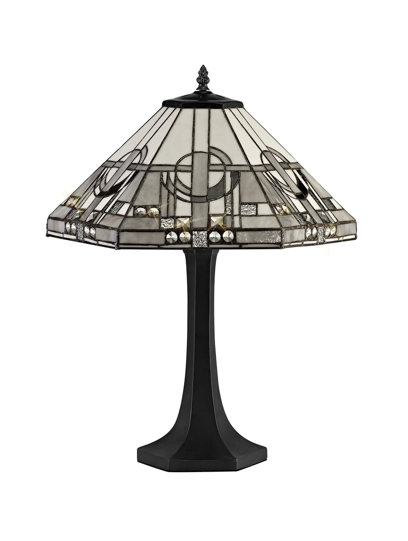Regal Lighting SL-1459/BL 2 Light Octagonal Table Lamp E27 With 40cm Tiffany Shade, White/Grey/Black/Clear Crystal/Black