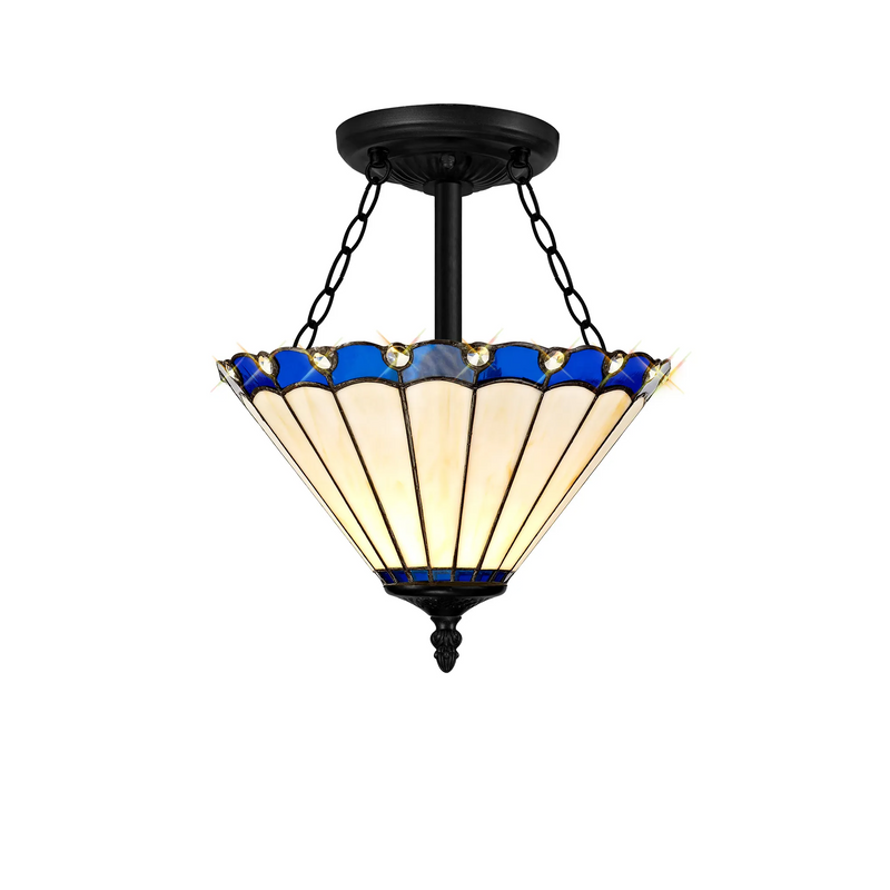 Regal Lighting SL-1174/1 3 Light Semi Flush E27 With 30cm Tiffany Shade, Blue/Cream/Crystal/Black