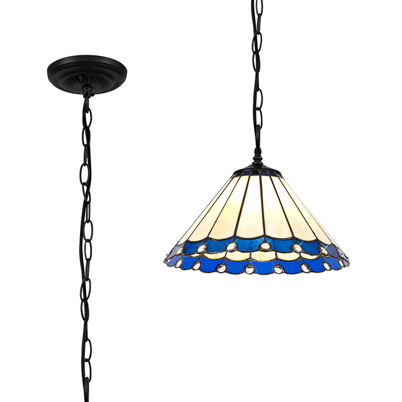 Regal Lighting SL-1178/1 1 Light Downlighter Pendant E27 With 30cm Tiffany Shade, Blue/Cream/Crystal/Black