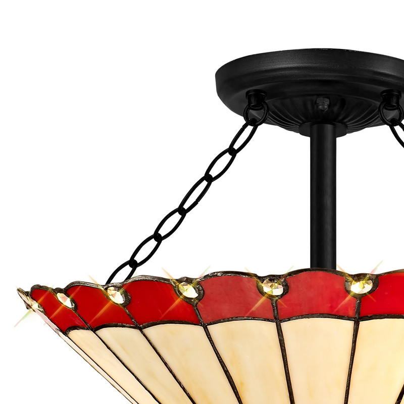 Regal Lighting SL-1187/1 40.5cm 3 Light Semi Flush E27 With 40cm Tiffany Shade, Red/Cream/Crystal/Black