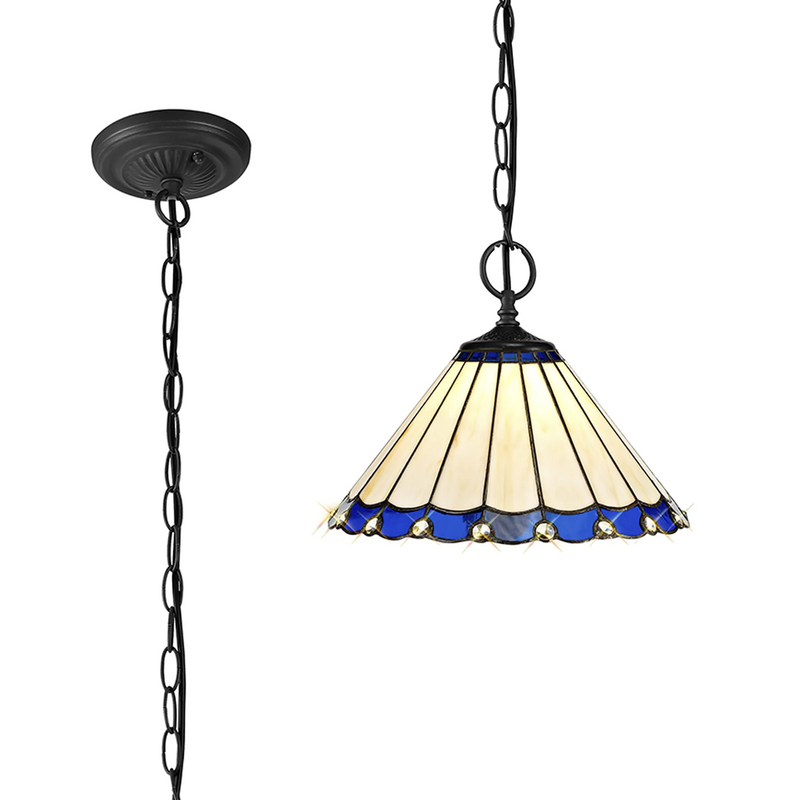 Regal Lighting SL-1177/1 2 Light Downlighter Pendant E27 With 30cm Tiffany Shade, Blue/Cream/Crystal/Black