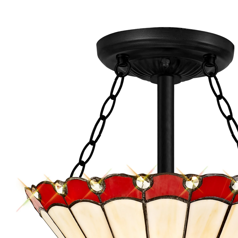 Regal Lighting SL-1196/1 3 Light Semi Flush E27 With 30cm Tiffany Shade, Red/Cream/Crystal/Black