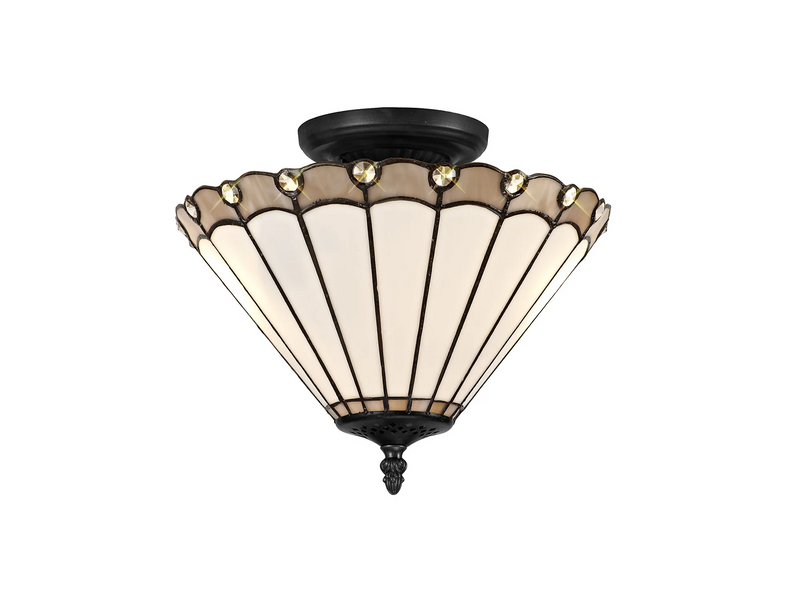 Regal Lighting SL-1153/1 2 Light Semi Flush E27 With 30cm Tiffany Shade, Grey/Cream/Crystal/Black