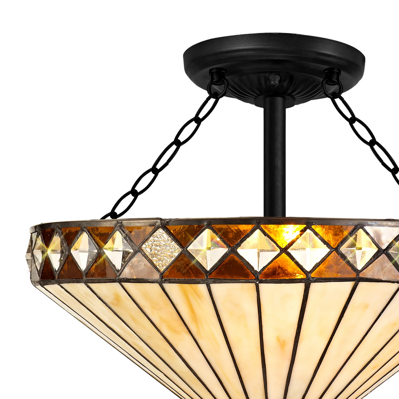 Regal Lighting SL-1253/1 3 Light Semi Flush E27 With 40cm Tiffany Shade, Amber/Cream/Crystal/Black