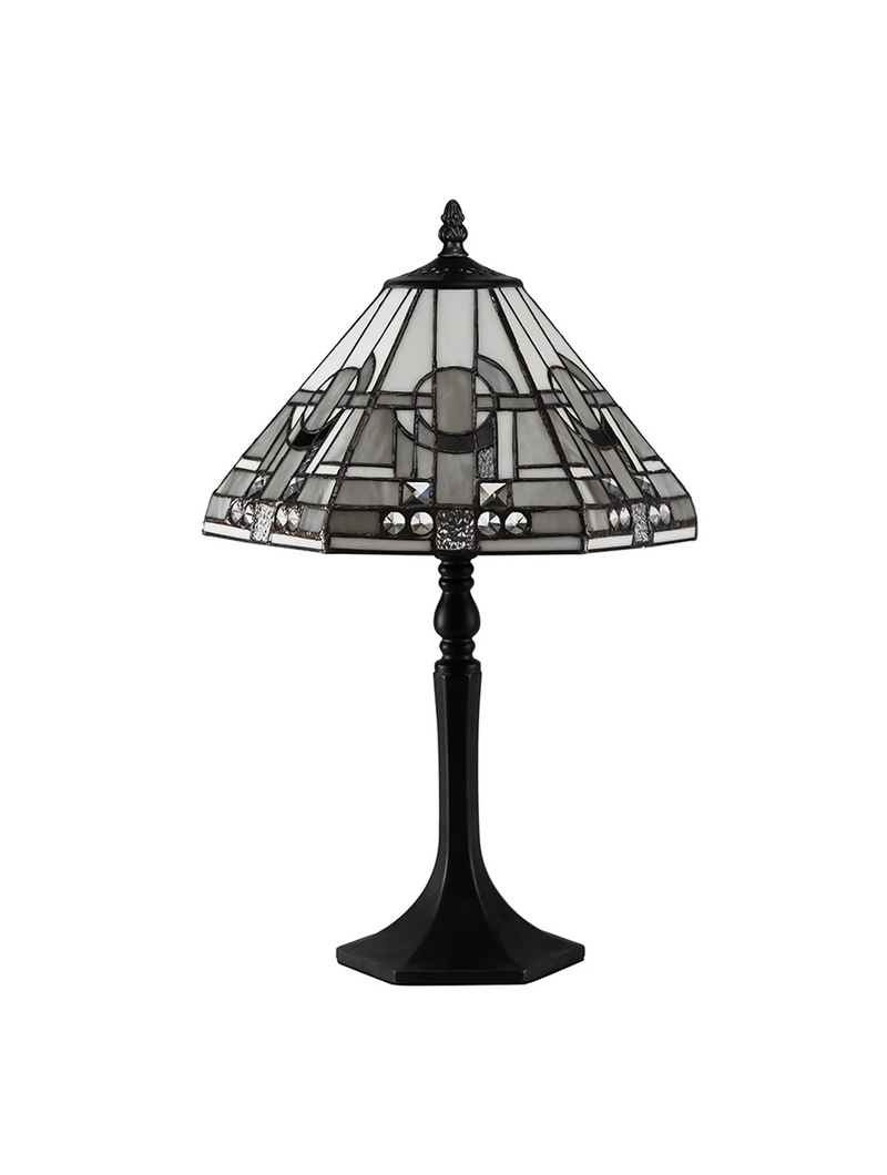 Regal Lighting SL-1470/BL 1 Light Octagonal Table Lamp E27 With 30cm Tiffany Shade, White/Grey/Black/Clear Crystal/Black