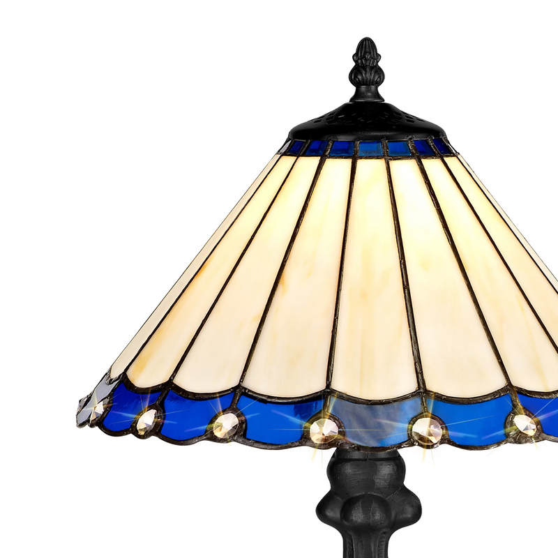 Regal Lighting SL-1180/1 1 Light Curved Table Lamp E27 With 30cm Tiffany Shade, Blue/Cream/Crystal/Black