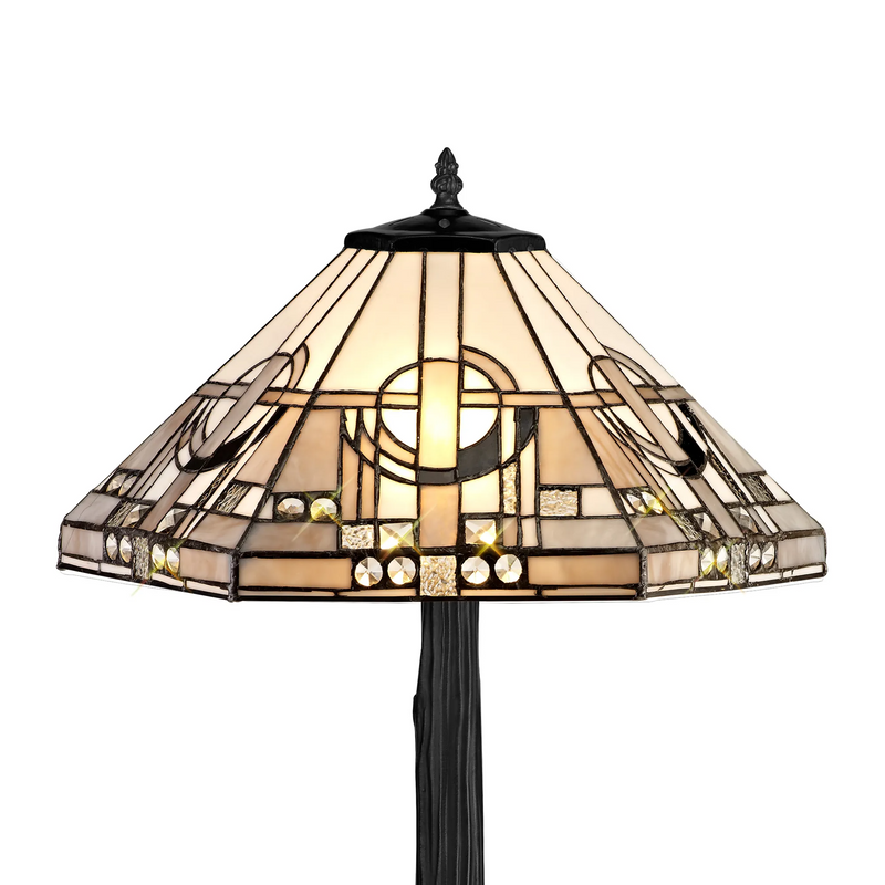 Regal Lighting SL-1461/BL 2 Light Tree Like Table Lamp E27 With 40cm Tiffany Shade, White/Grey/Black/Clear Crystal/Black