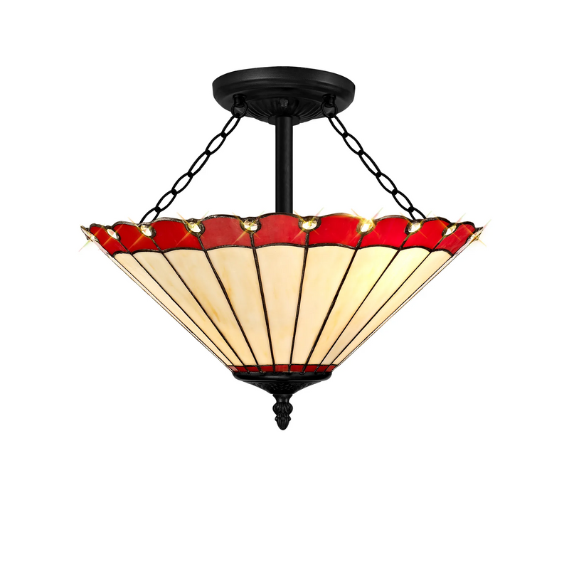 Regal Lighting SL-1187/1 40.5cm 3 Light Semi Flush E27 With 40cm Tiffany Shade, Red/Cream/Crystal/Black