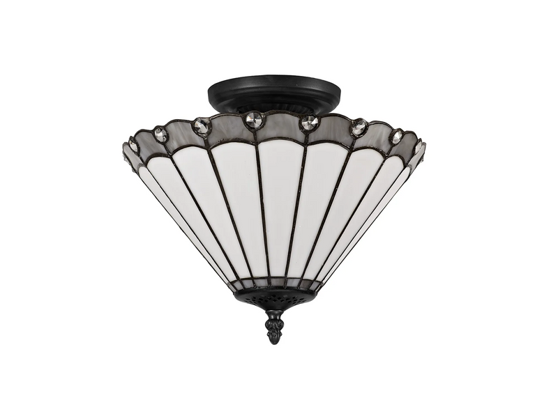 Regal Lighting SL-1153/1 2 Light Semi Flush E27 With 30cm Tiffany Shade, Grey/Cream/Crystal/Black