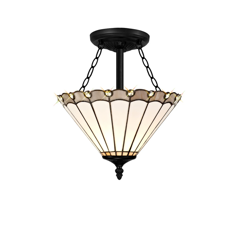 Regal Lighting SL-1152/1 3 Light Semi Flush E27 With 30cm Tiffany Shade, Grey/Cream/Crystal/Black