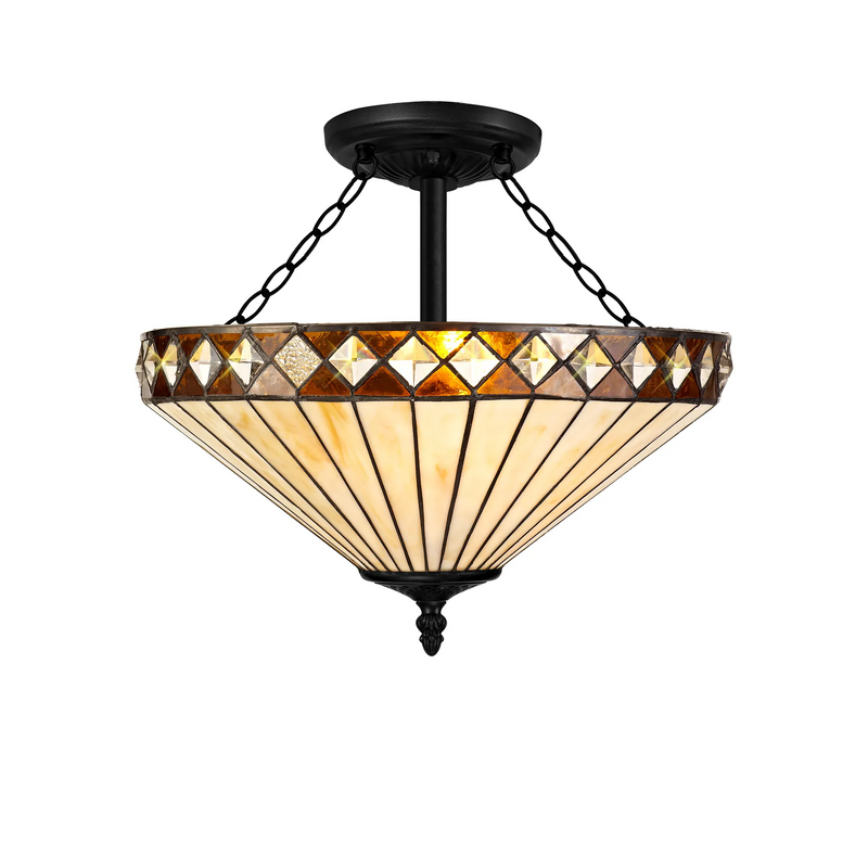Regal Lighting SL-1253/1 3 Light Semi Flush E27 With 40cm Tiffany Shade, Amber/Cream/Crystal/Black