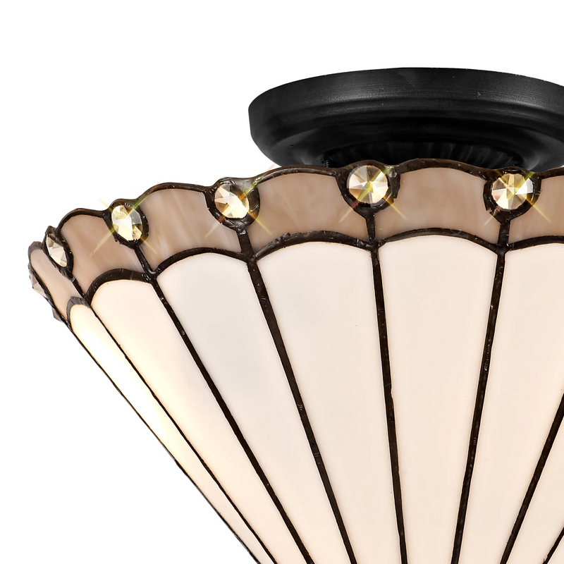 Regal Lighting SL-1153/1 2 Light Semi Flush E27 With 30cm Tiffany Shade, Grey/Cream/Crystal/Black