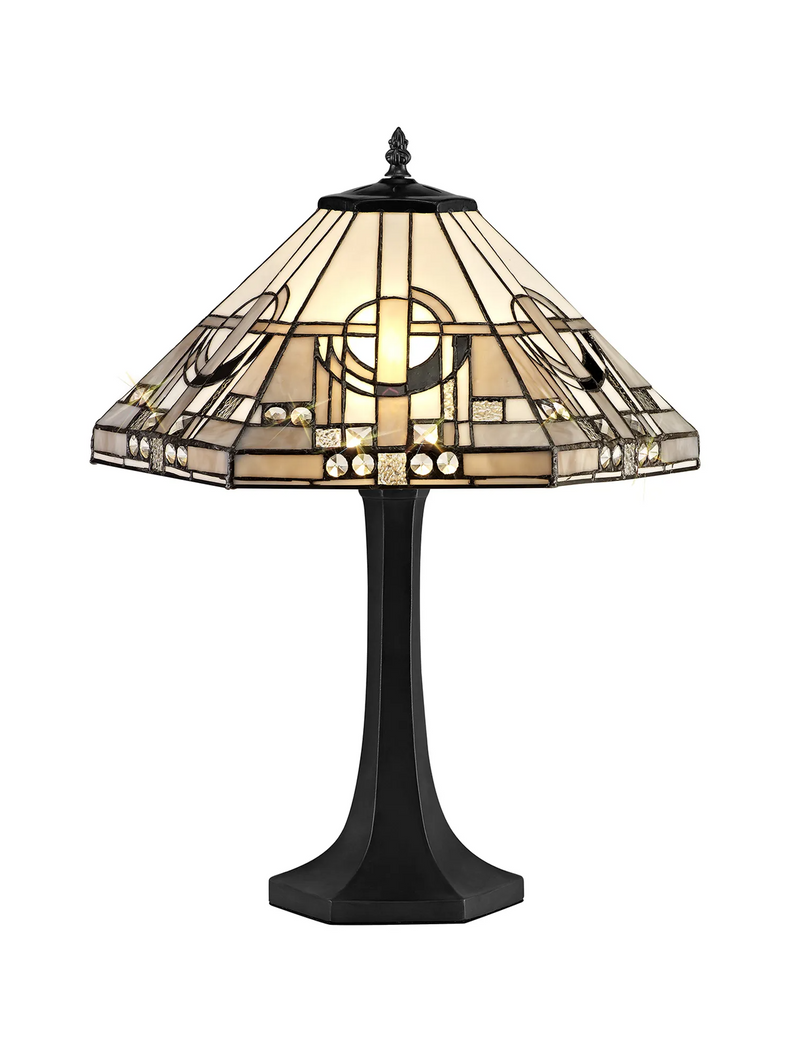 Regal Lighting SL-1459/BL 2 Light Octagonal Table Lamp E27 With 40cm Tiffany Shade, White/Grey/Black/Clear Crystal/Black