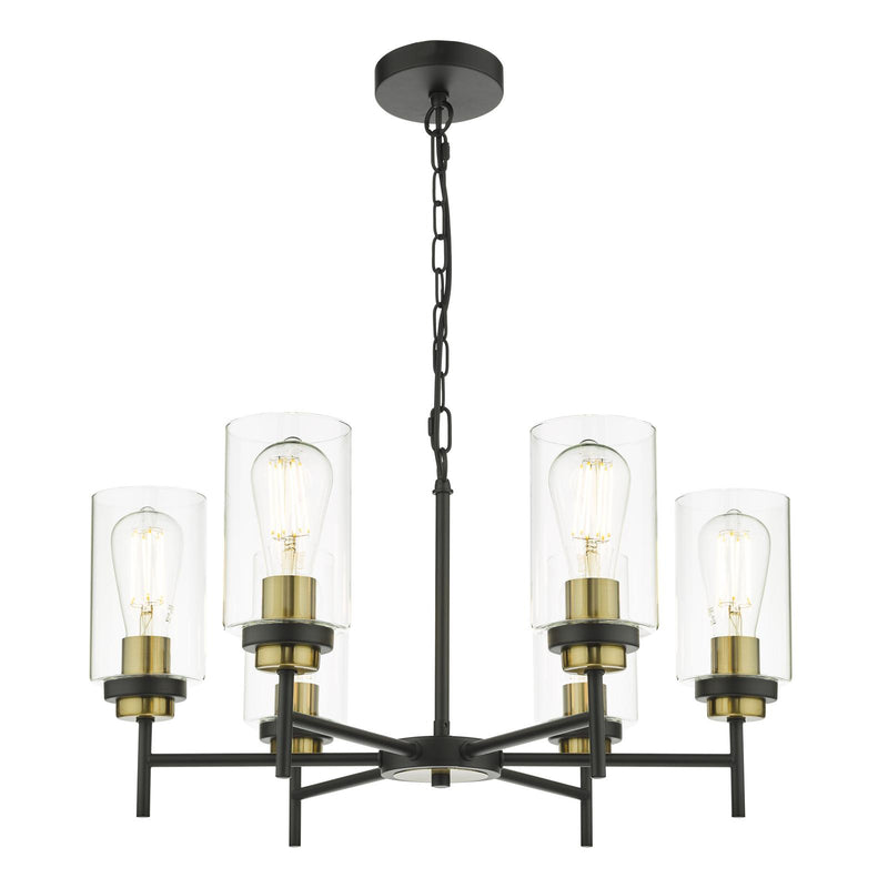 Dar Lighting Abel 6 Light Pendant Satin Black & Gold with Glass Shades • ABE0654