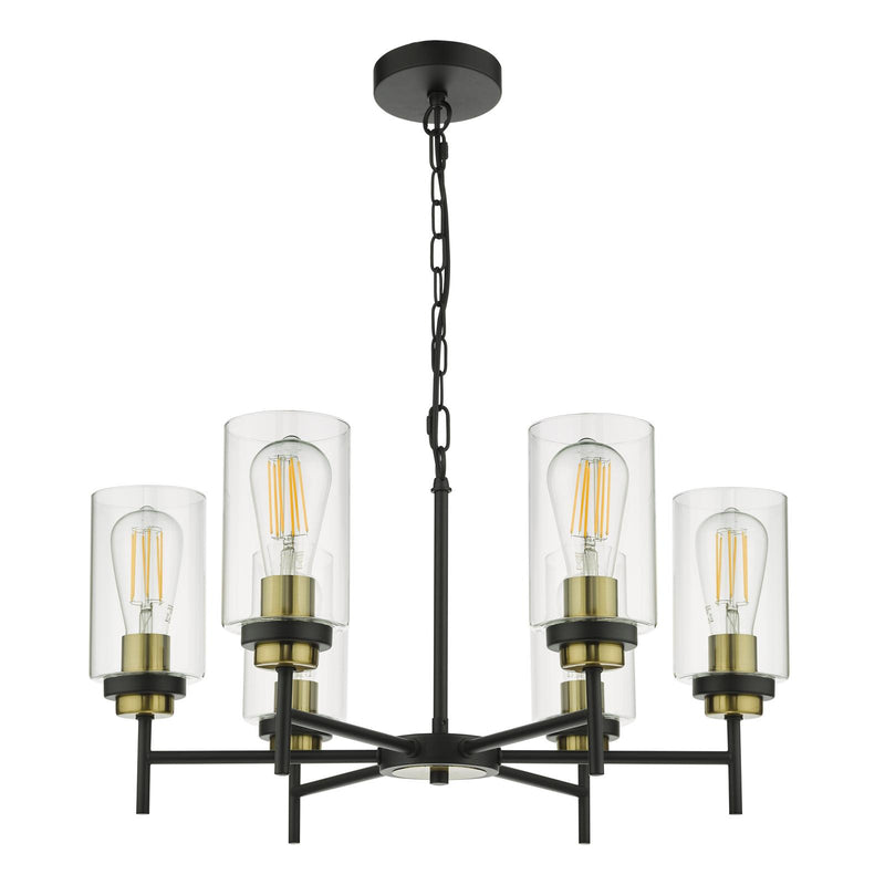 Dar Lighting Abel 6 Light Pendant Satin Black & Gold with Glass Shades • ABE0654